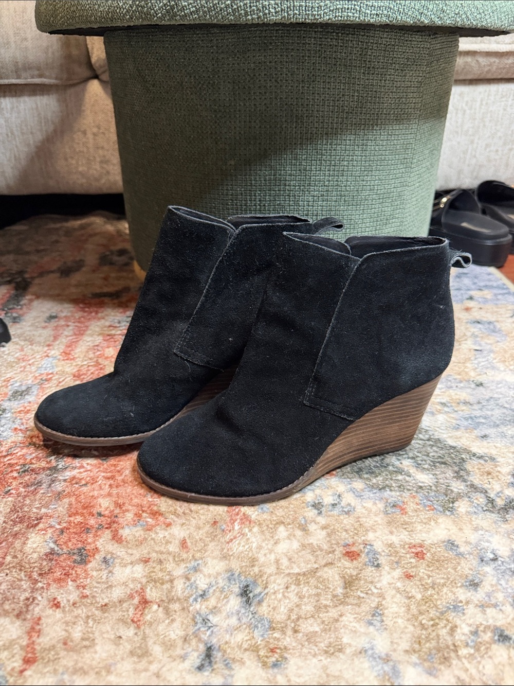 Lucky Brand Yameena Black Suede Wedge Stack Heel Ankle Booties